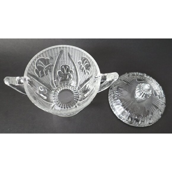Depression Glass Iris And Herringbone Cream and Sugar with Lid Jeanette  1930's - Picture 5 of 7